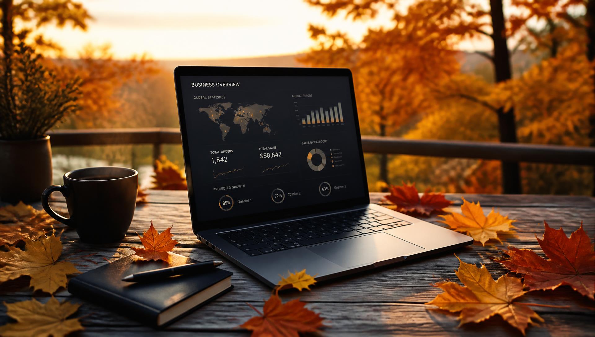 Laptop showing a business growth dashboard on a wooden table surrounded by golden autumn maple leaves